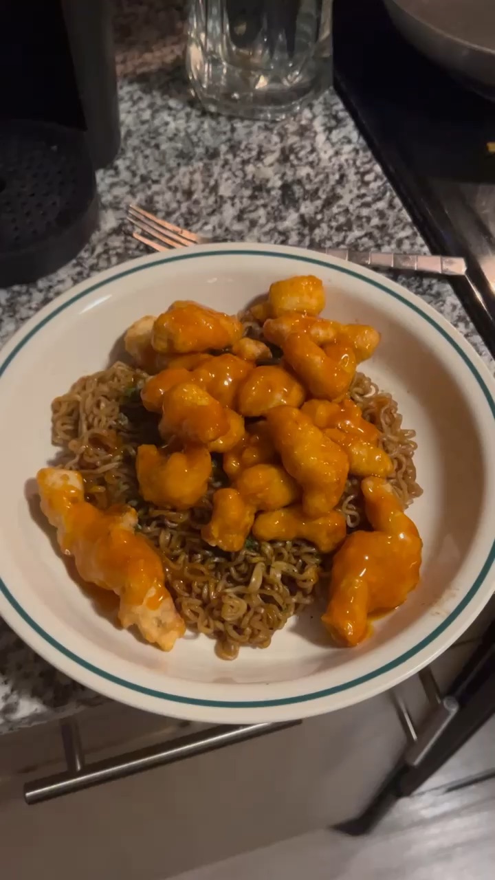 Homemade fried chicken bits and noodles