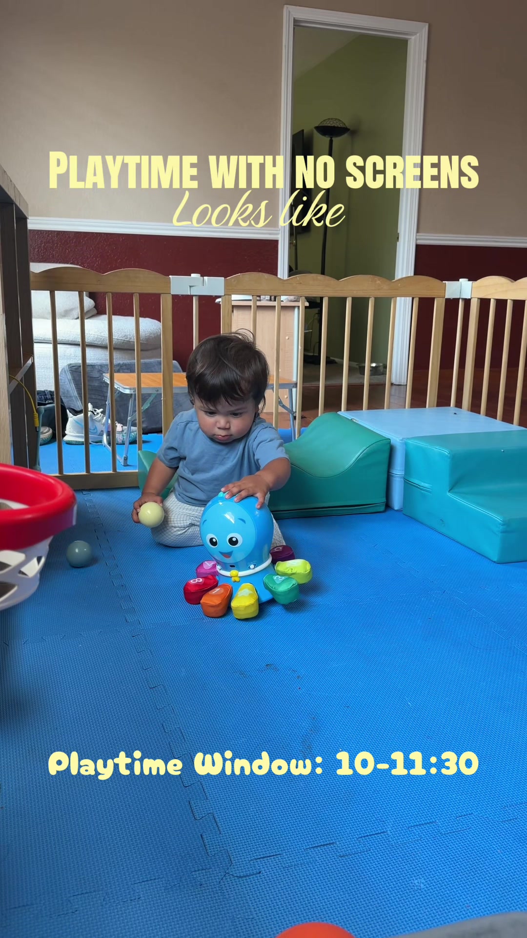 With a 14 month old ready to walk, our playtime window looks like this now 🥹🩵 no screens just basic ways to challen...