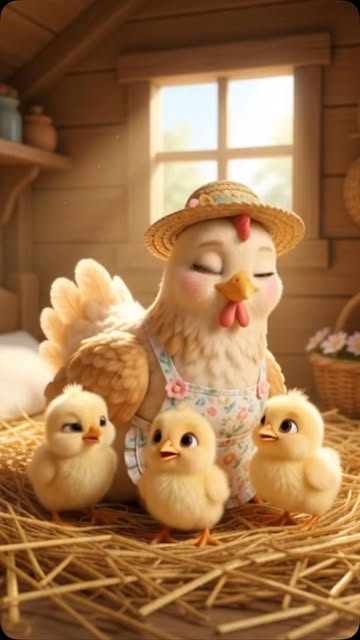 Mother Hen with her three baby chicks 🐤 {cute baby chicks 🐥 • mama hen •family • cute animation } #cartoon #animati...
