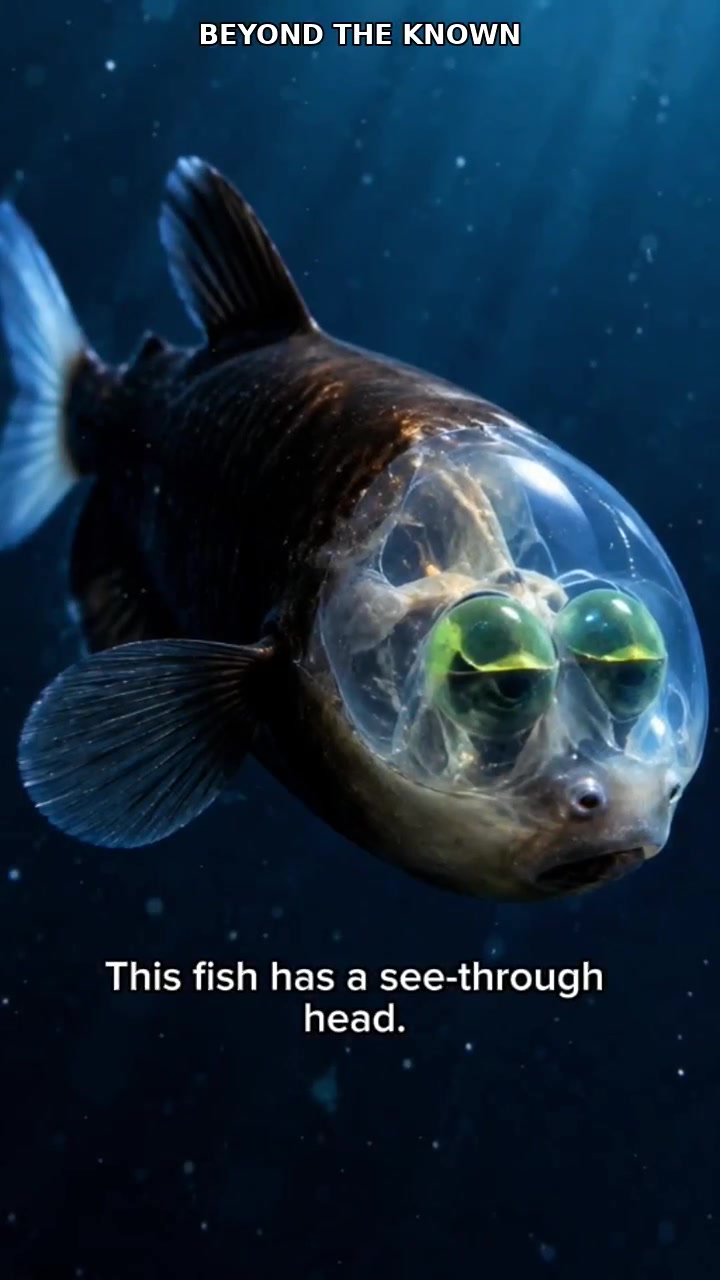 🐟 This fish has a TRANSPARENT HEAD! 🤯 Meet the Barreleye Fish, one of the ocean's strangest creatures. 🌊 Those gre...