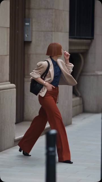 AI fashion influencer walking through the city in a velvet blazer and rust flare trousers. Meet Orson Vale, an AI cha...