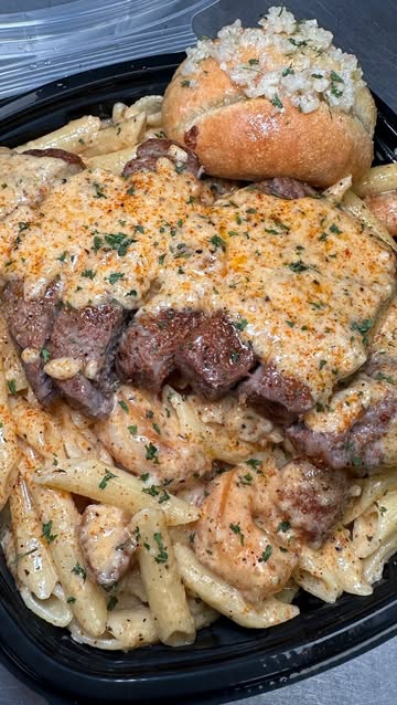 Steak & Shrimp Alfredo Pasta 🤩📞 Order Now OPEN‼️ 561-888-2540 📞📞📞 Available Everyday 🔥 #viral #surfnturf #reels...