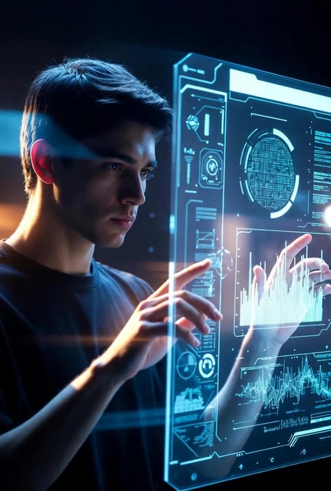 #ai #tecnologia A person interacts with an invisible AI screen in the air, moving their hands to control glowing holo...