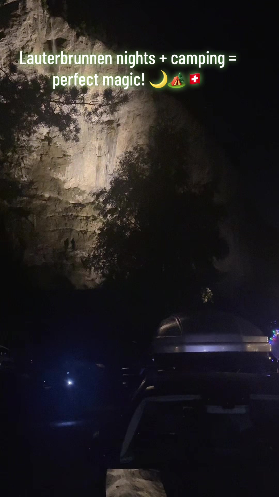 Camping under the Swiss stars in Lauterbrunnen 🌙🏕️🇨🇭 Warm lights, cool mountain air, waterfalls singing in the da...