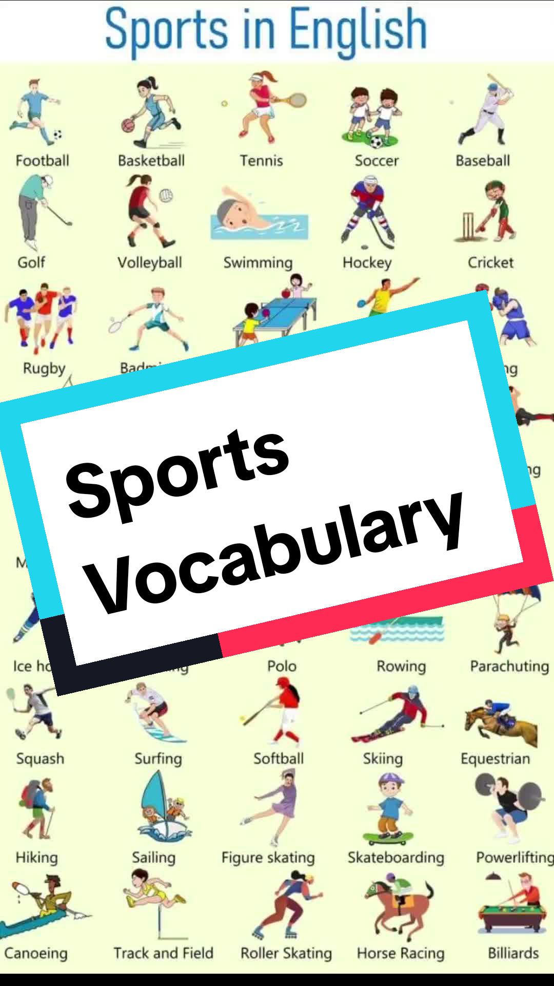 Sports vocabulary in English. #vocabulary #sportsvocabulary #foryoupage #englishlearningonline #trending #viral #usa