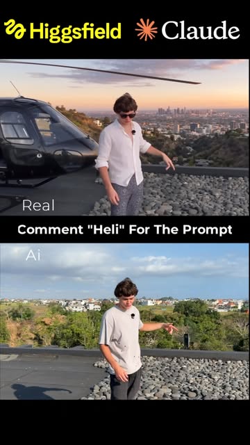 All this generated with just 1 prompt. You can even see cameraman’s reflection in the helicopter 🤯 Comment “Heli” fo...