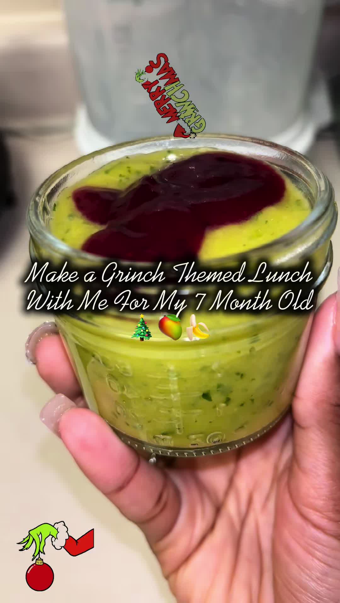 Today we’re making a grinch themed lunch for baby girl 🥰🎄. 1 mango, half a banana, a handful of spinach and blueber...