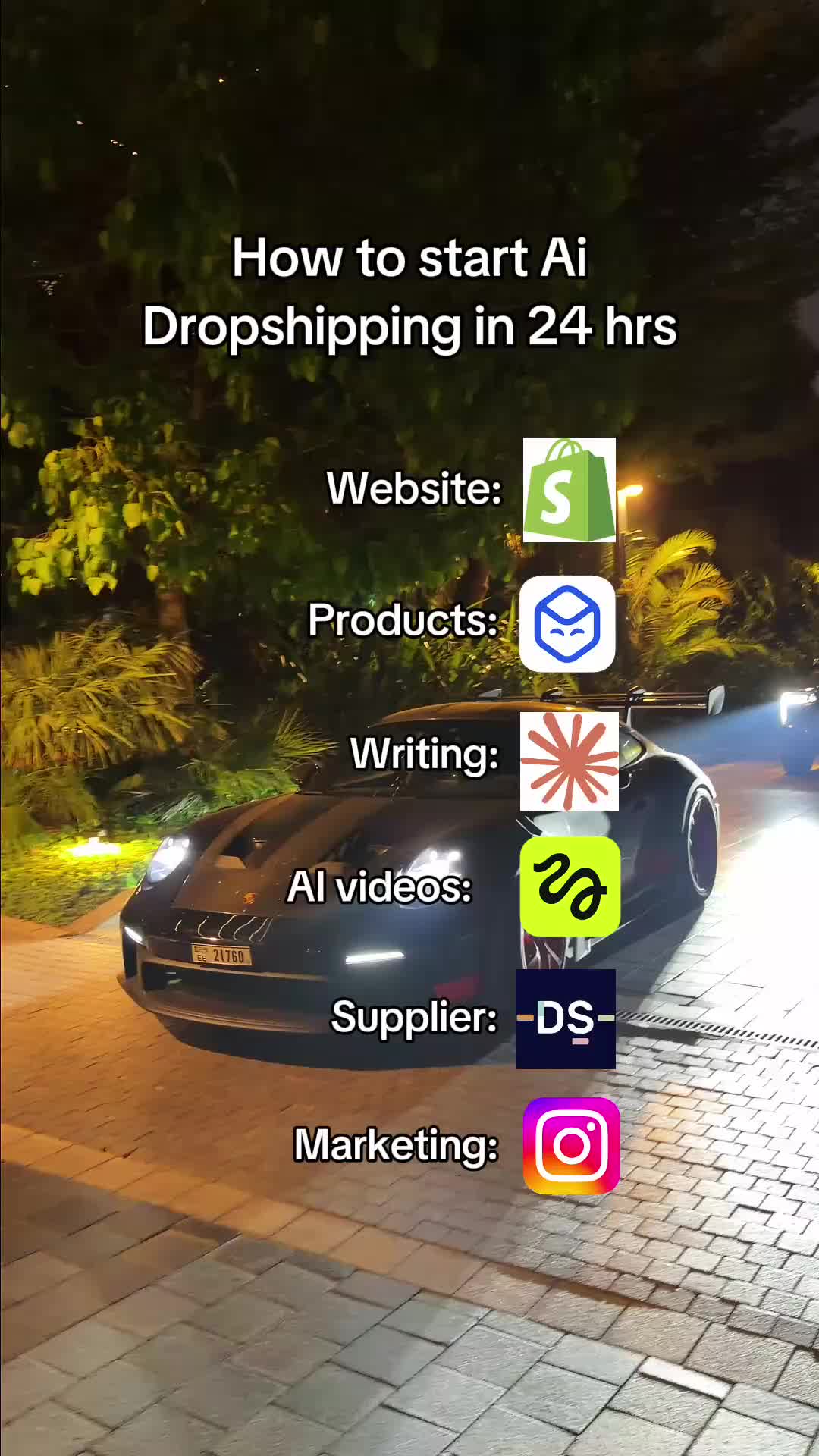 Here are the tool names. i got you 😉: 1) Shopify 2) Dropship IO 3) Claude 4) Higgsfield 5) AutoDS 6) Instagram