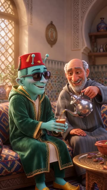 He tried to leave THREE times… and failed every single one. 😂🍵👽 “آ للا فاطمة، بغيت نمشي!” 😭 “غير كاس أتاي آخر آ و...