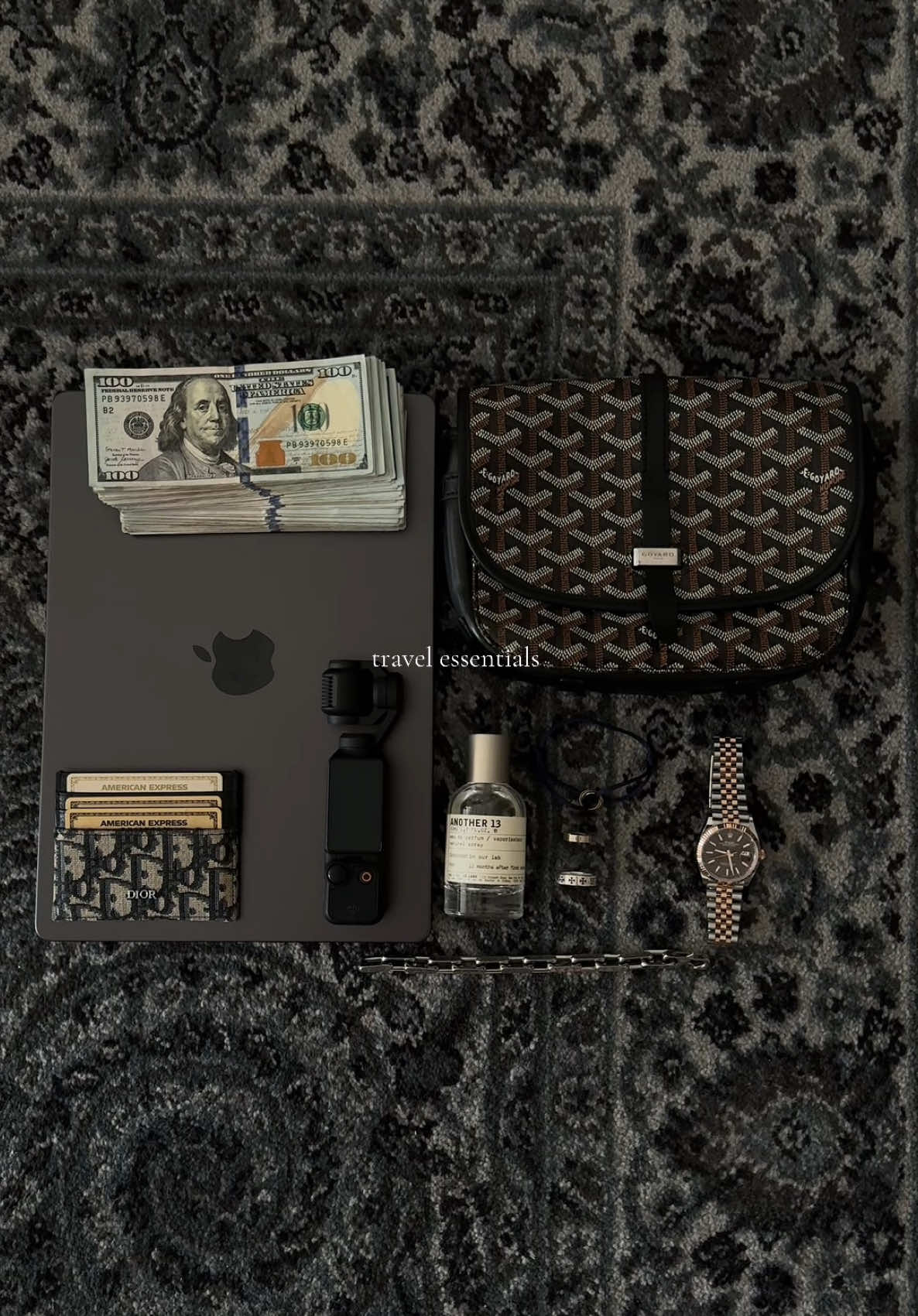 my travel essentials, am I missing anything? #essentials #luxury #consumerism #viral #lifestyle