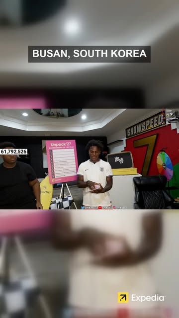 IShowSpeed unpacks a baseball bat on Expedia's Unpack '27 - the No. 5 destination of 2027 is Busan, South Korea ⚾ The...