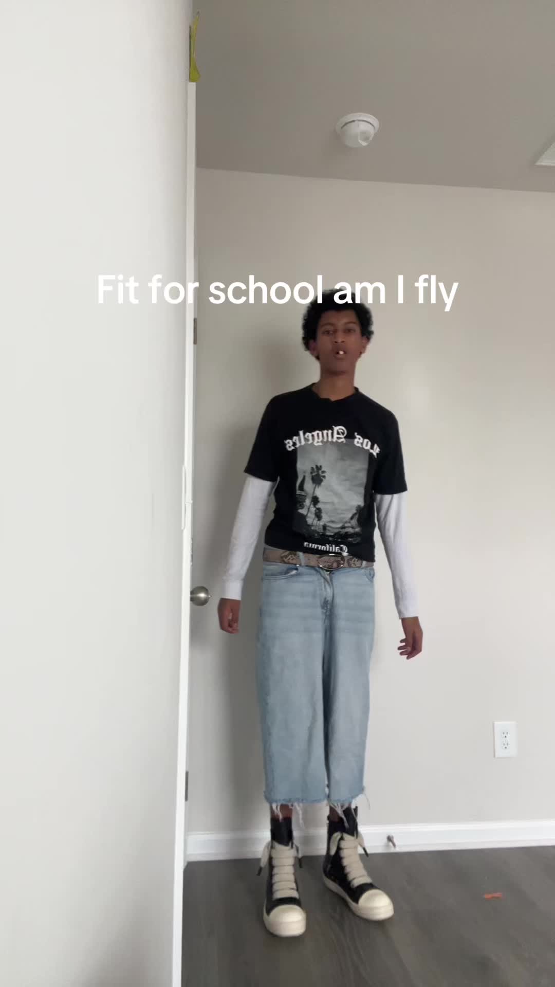 School fit check 👕👖 Spinning around so you can see the full drop, down to the fat-laced Rick Owens Jumbo Ramones. R...