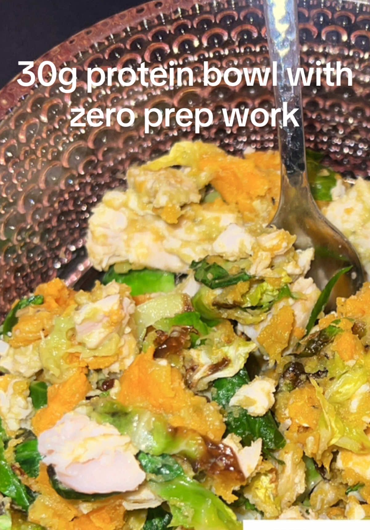 30g of protein color bowl with ZERO prep work! - 5 ounces canned chicken (150 cal & 30g of protein) - 1 small sweet p...