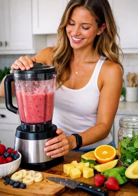 Fruity magic in motion 🍓🍍🥭✨ #SmoothieQueen #FreshEnergy #KitchenGlow