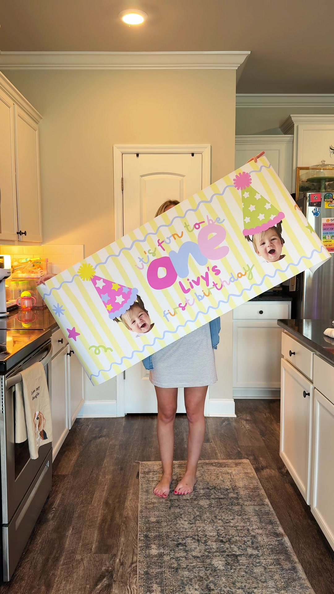 The cutest banner and for only $10. A STEAL 🥳🎂🍰🎁🎊 @Walgreens @Old Navy @Canva @Etsy #firstbirthday #birthdaydeco...