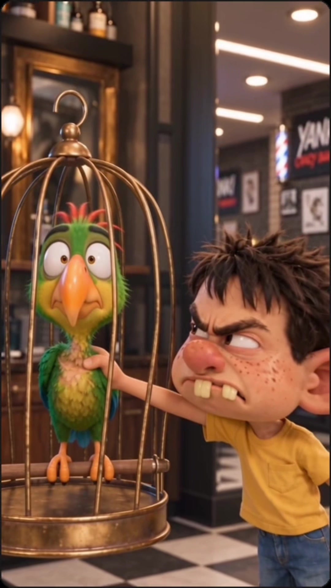 El loro pensó que este niño se iba a quedar callado… 😂🦜 ¡Se metió con el equivocado! #YankiCrazyBarber #Humor #Loro...