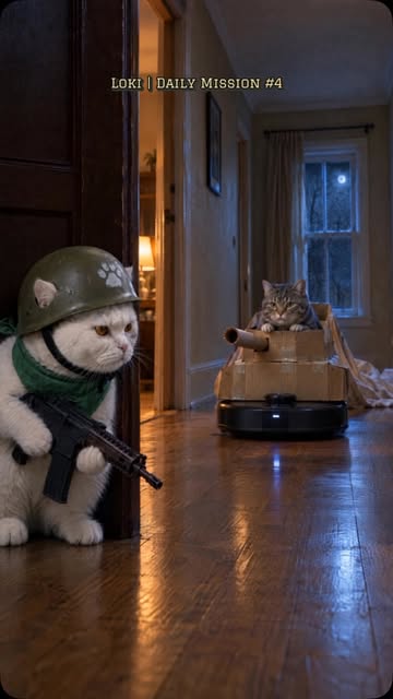 Big tank energy. Tiny doorstep problem. 😼 Would you trust this getaway ride? #FunnyCats #CatSoldier #DailyMission