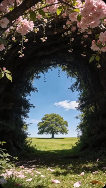 The forest opened where the cherry blossoms ended. Beyond the shadows, a sunlit meadow waited beneath the blue sky, w...