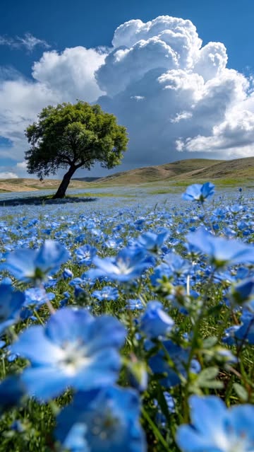 Sea of blue wildflowers, a lone tree under towering cumulus, spring wind sweeping the hills