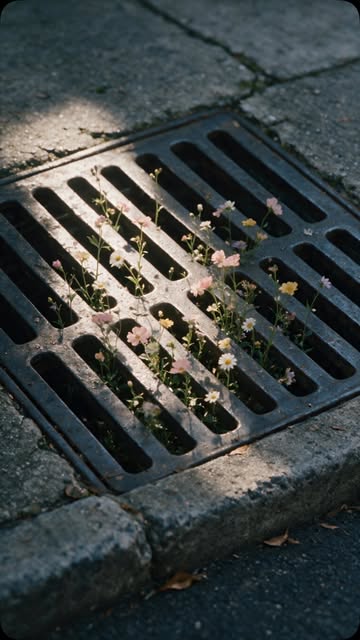 A small garden found its way through the concrete. Delicate wildflowers grew between the cracks, reaching toward the...