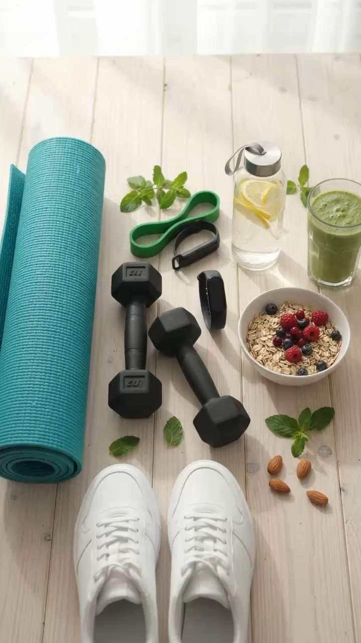 Healthy Lifestyle Flat-Lay: Yoga Mat, Dumbbells, Smoothie, Berries and Fitness Tracker on Wood