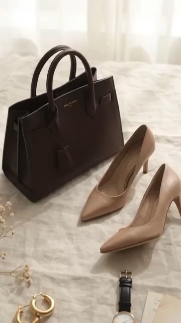 Chic Fashion Flat-Lay: Leather Handbag, Stilettos, Gold Hoops and Silk Scarf on Cream Linen