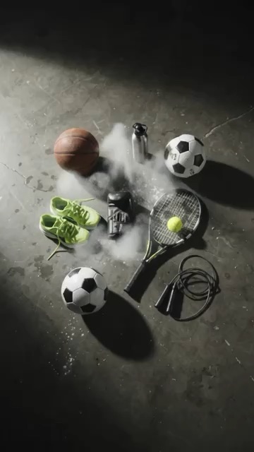Dynamic Sports Gear Flat-Lay: Basketball, Running Shoes, Boxing Glove and Tennis Racket on Concrete