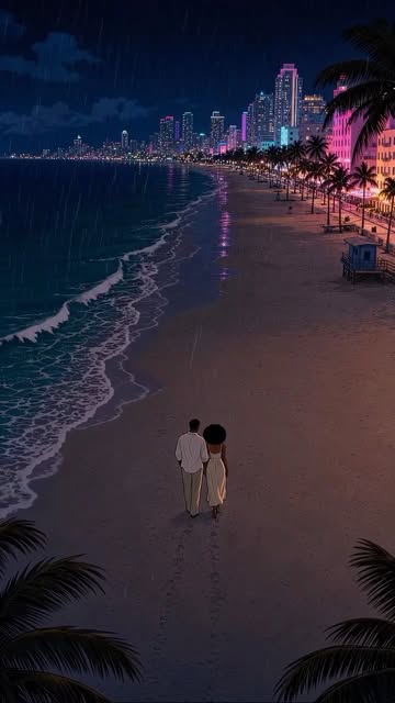 Miami rain, neon lights, and footsteps in the sand. 🌧️💜 #blackculture #miaminights #lofiasthetic #cartoon #purpleae...