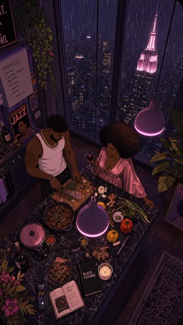 Late night meals.🏙️ @giveon #lofiasthetic #purpleaesthetic #cartoon #2danimations #afrohair