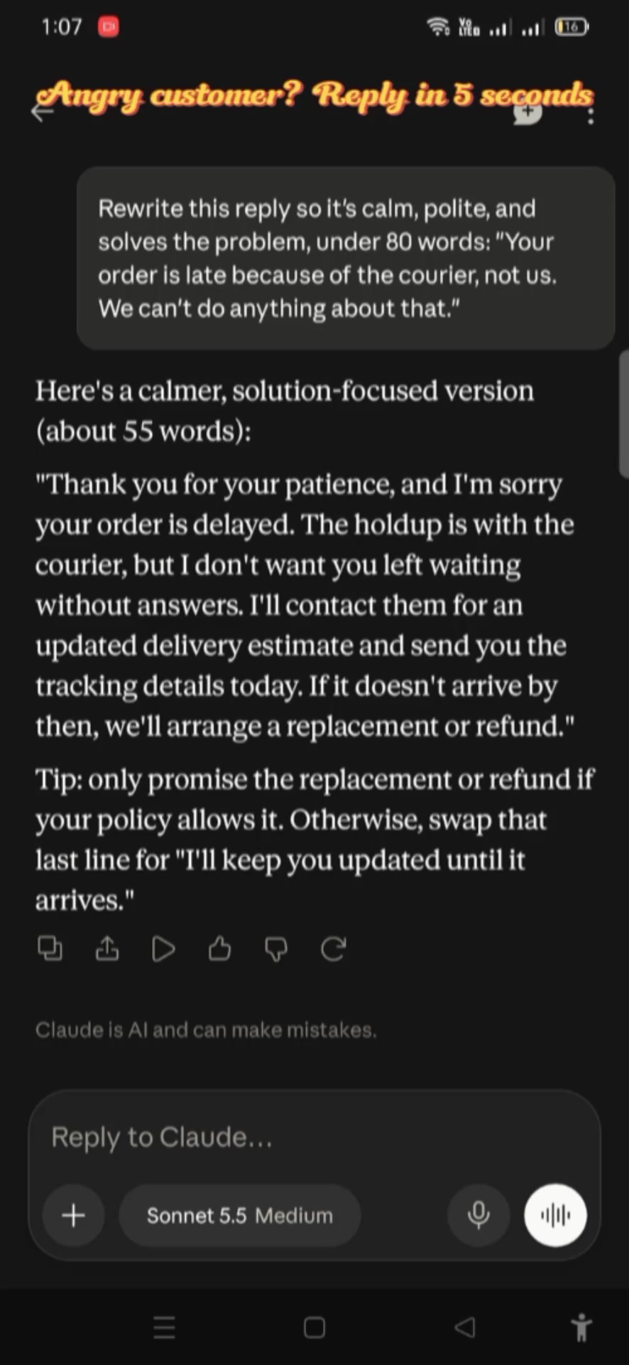 `Angry customer? Reply in 5 seconds 👇 #aitools #chatgpt #smallbusiness #promptengineering`