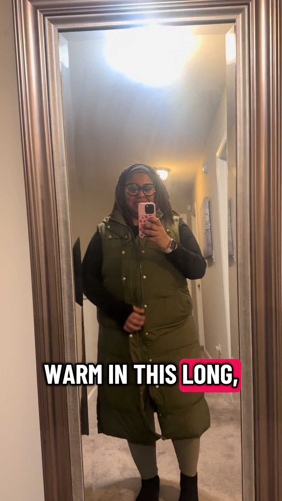 I’m obsessed with this long puffer vest and it has a hood!! It’s super cute but most of all keeps my whole body warm!...