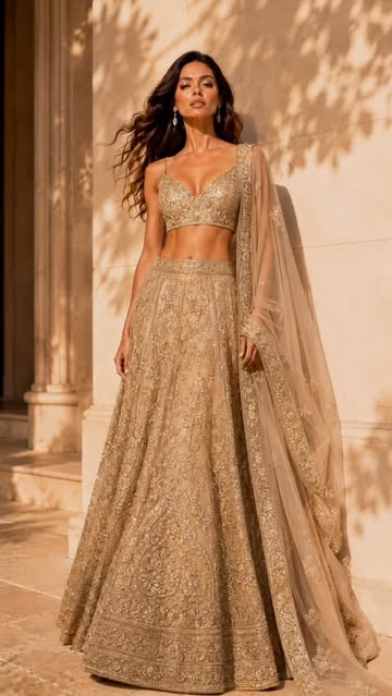 Send this to someone who still thinks AI can't do fashion. Gold, flowing, and completely generated. #lehenga #bridalf...