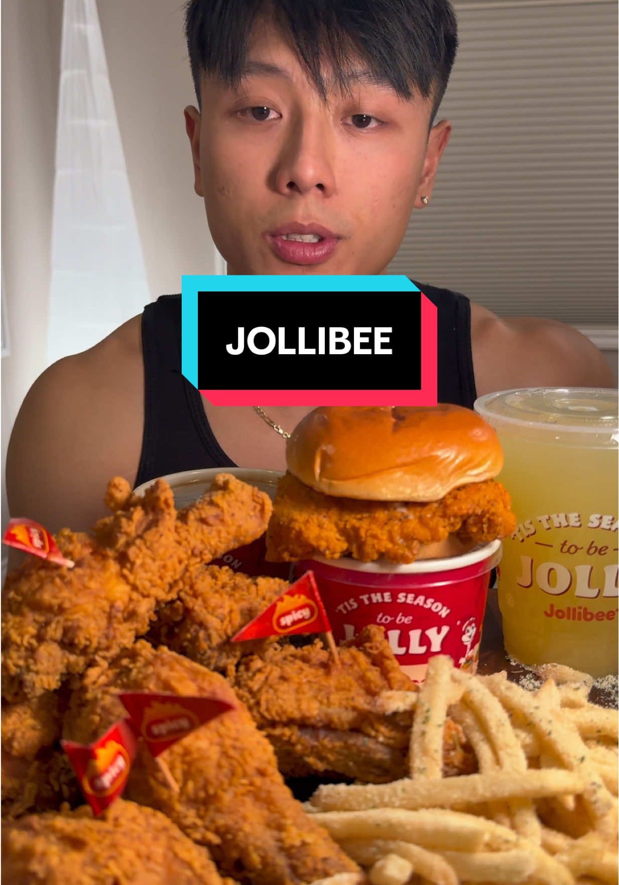 Jollibee’s 6-piece Spicy Chicken Joy, sour-cream & onion fries, chicken sandwich, adobo rice, large-gravy, and a pinn...