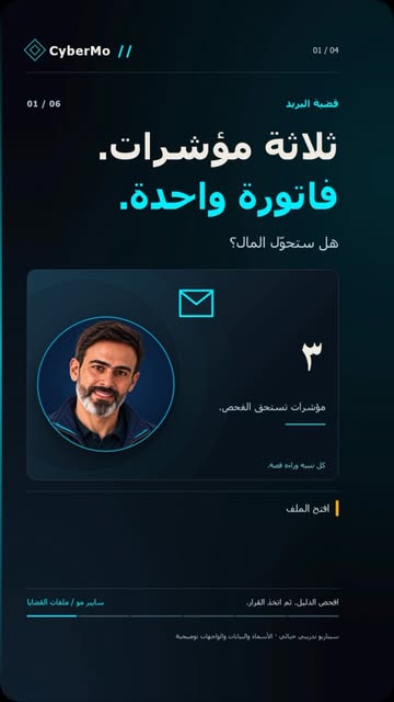 ثلاثة مؤشرات. فاتورة واحدة. هل ستحوّل المال؟ افحص عنوان المرسل كاملاً وعنوان الرد وأي تغيير مفاجئ في بيانات الدفع. هذ...