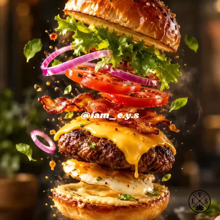 Mesmerizing Burger Assembly with Fiery Visuals