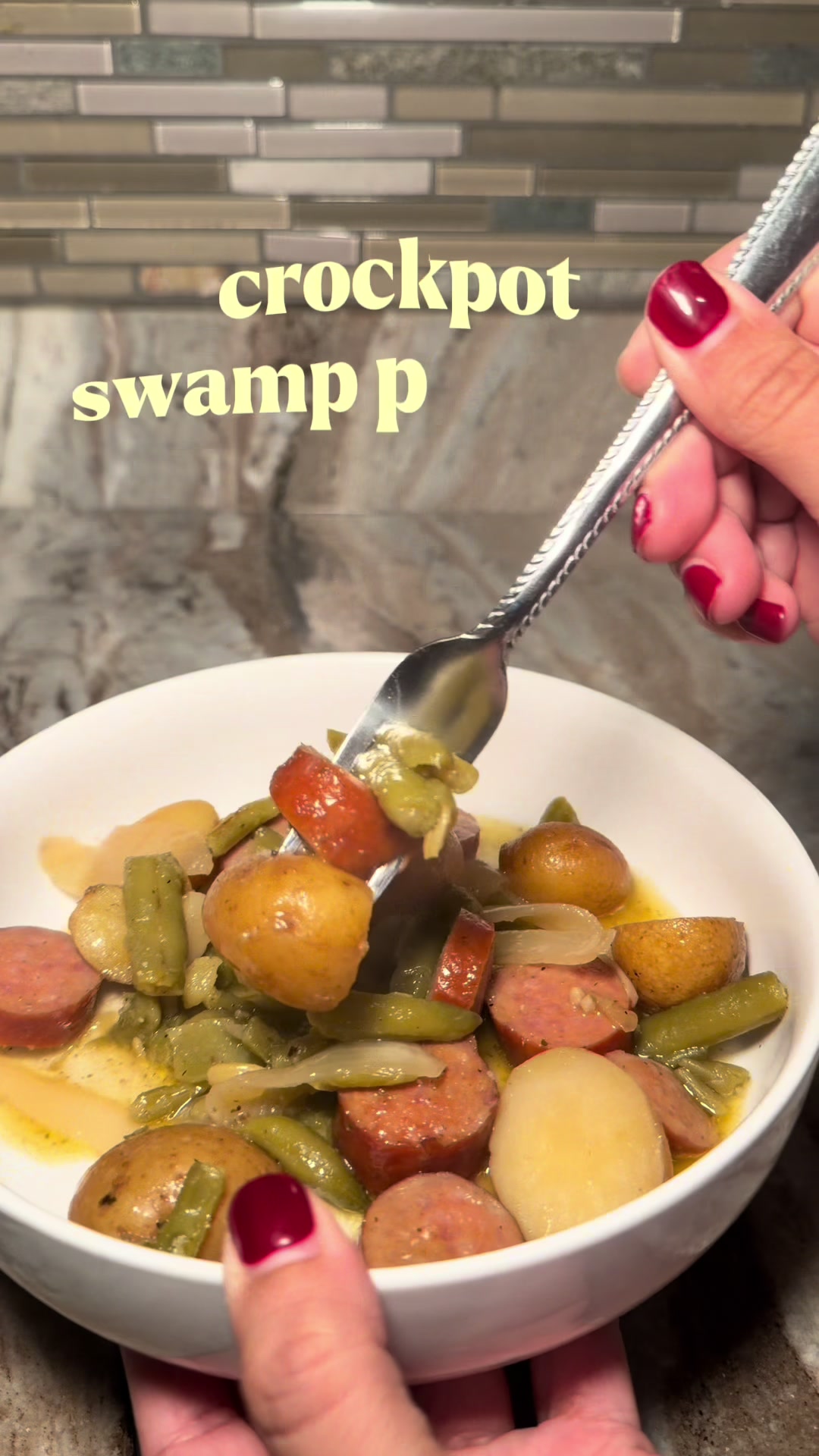 FULL RECIPE crockpot swamp potatoes 💚💛 1 package andouille sausage 1 package baby golden potatoes 2 cans cut green...