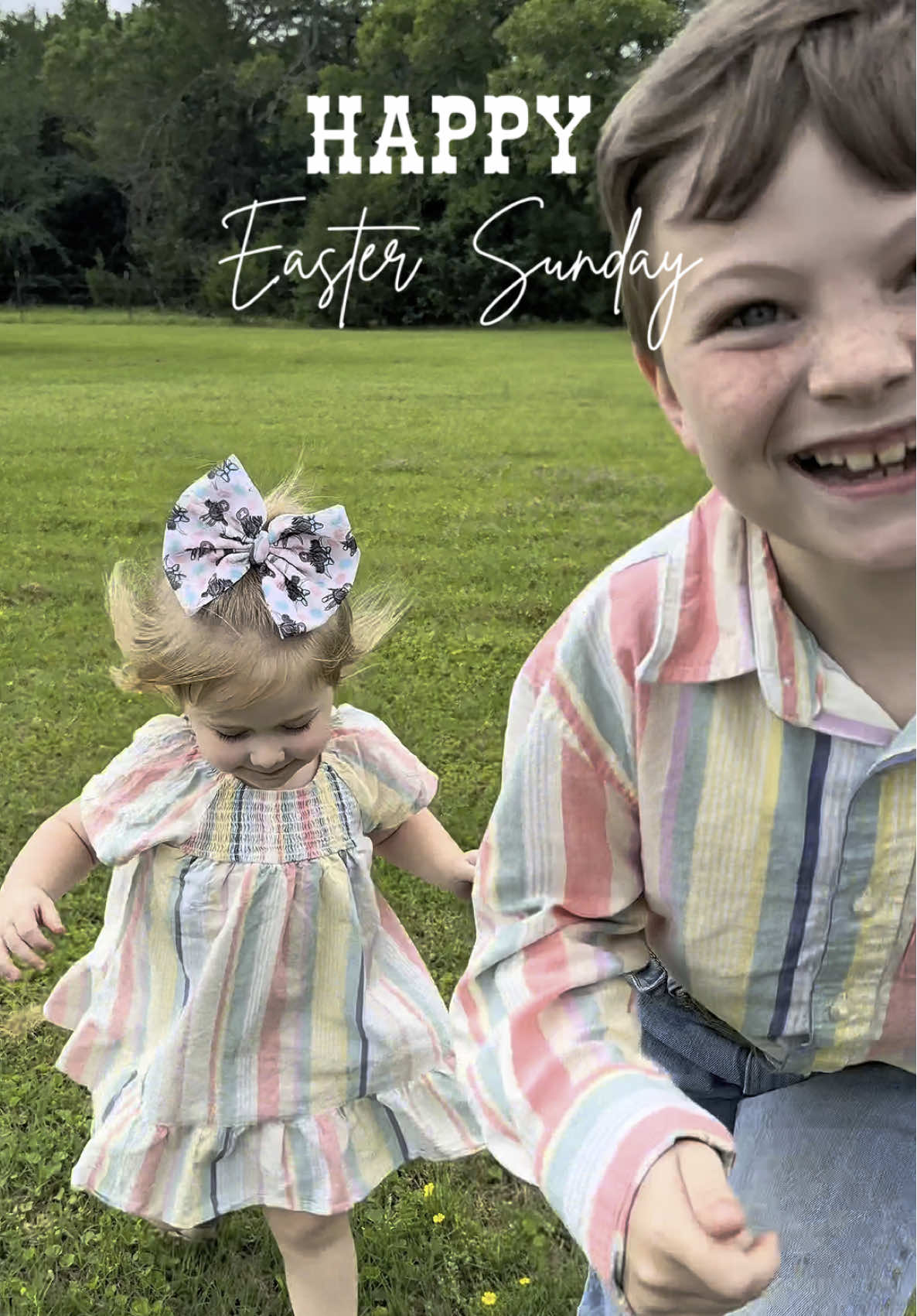 Happy Easter from my Family to yours 🤍🐣 He has risen ✝️☀️ #farmtok #farmkid #cowkids #easter #momtent #cowboychurch...