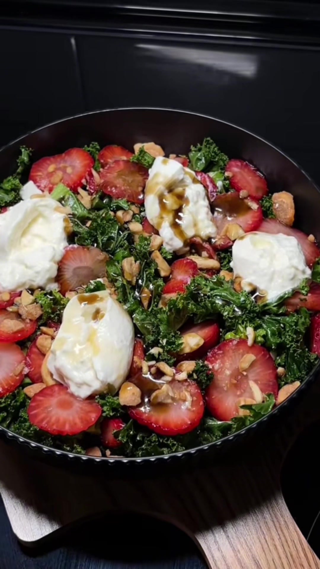 summer salad of your dreams - argan oil massaged kale - strawberries - burrata - butter toffee cashews - honey - gree...