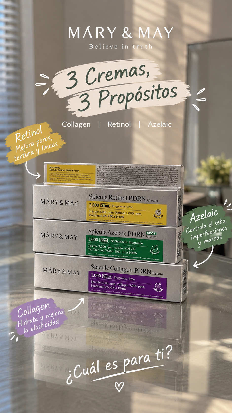 Tres cremas, tres necesidades diferentes ✨ ¿Cuál elegirías para tu piel: Collagen, Retinol o Azelaic? 👀 #marynmay #s...
