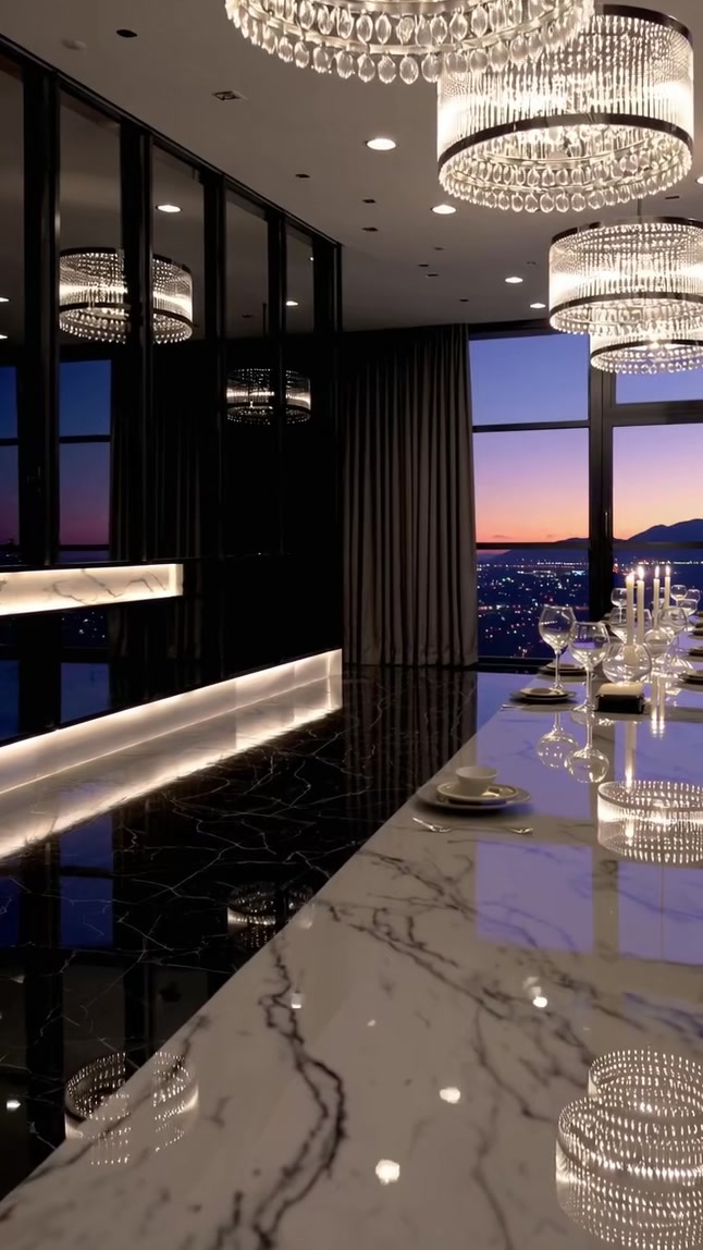Modern mansion dining room with massive chandelier ##dubai##views##money##mansion##classic##chandelier##diningroom