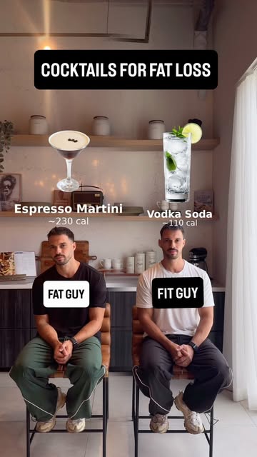 Fat guy vs fit guy — bar edition. One orders a piña colada (400 cal). The other orders tequila soda (110 cal). Same n...